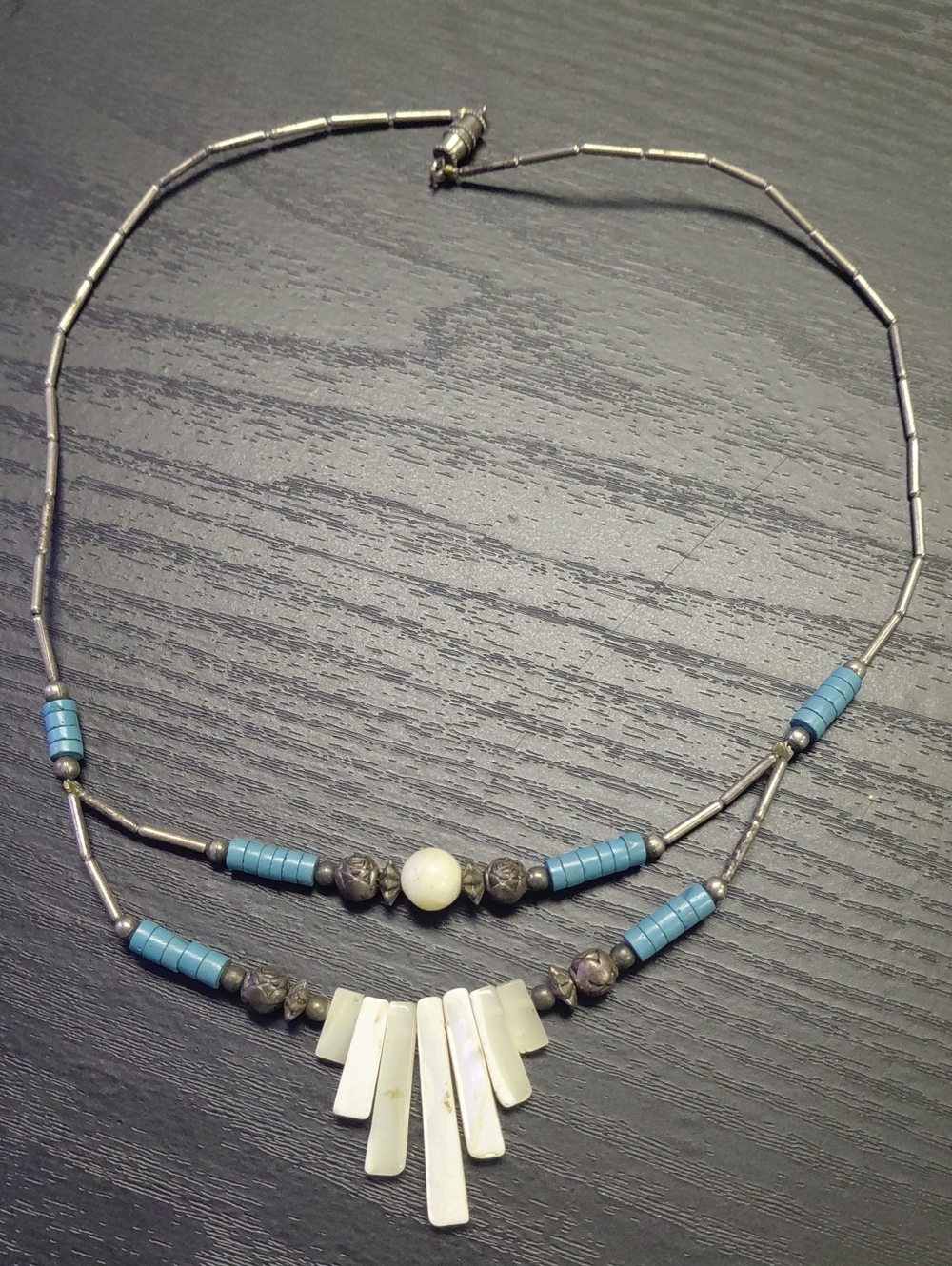 Turquoise And Mother Of Pearl Reversable 17in Silver Double Strand Necklace